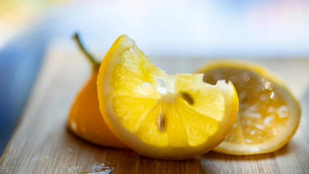 A close-up of a freshly cut lemon slice, showcasing its bright yellow interior and juicy segments on a wooden surface, with its acidic juice subtly hinting at natural remedies for how to get nail glue off skin , against a blurred background.