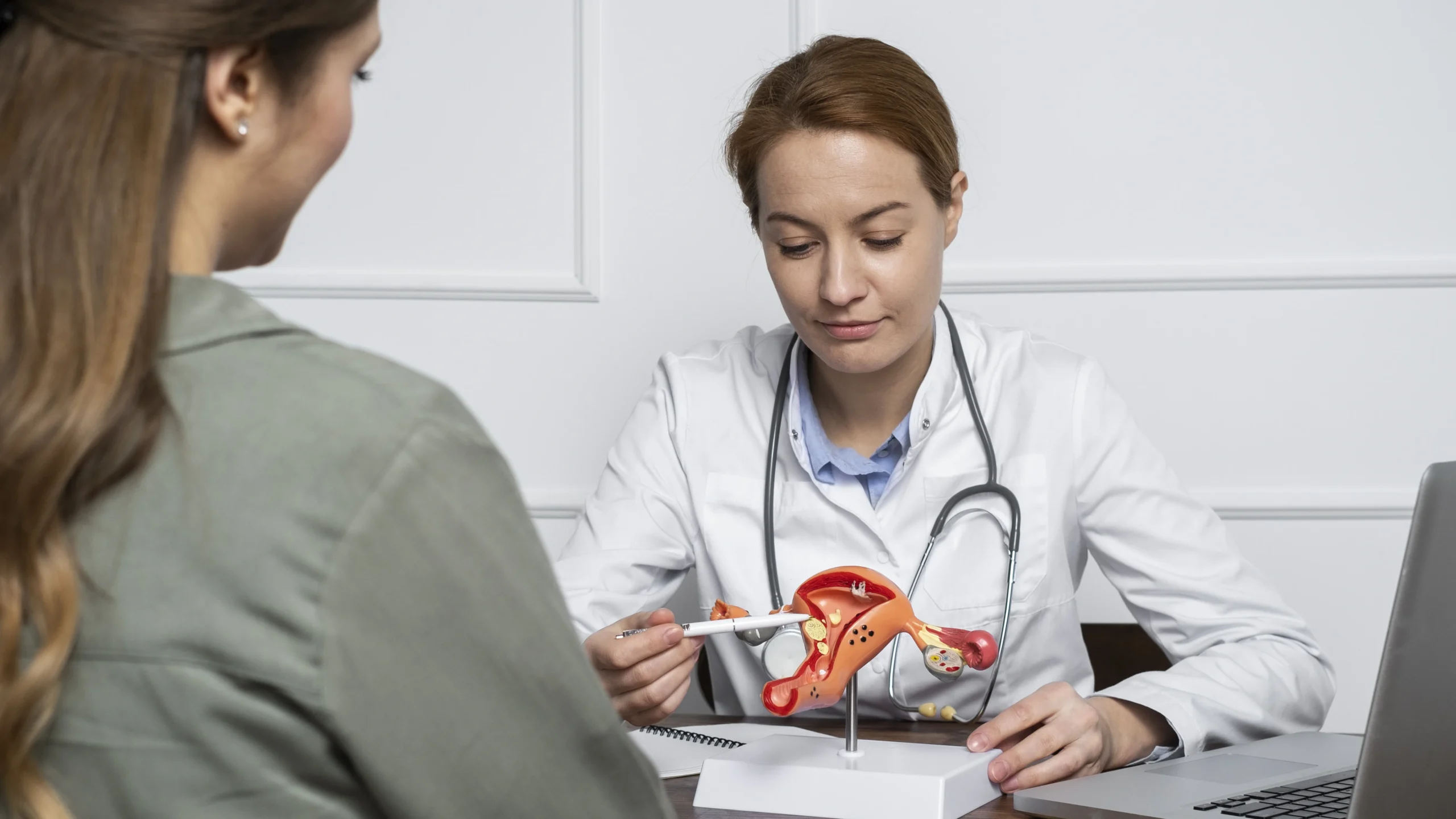 A healthcare provider explaining the anatomy of reproductive organs to a patient, addressing questions about menstrual health and Why Is My Period Blood Brown