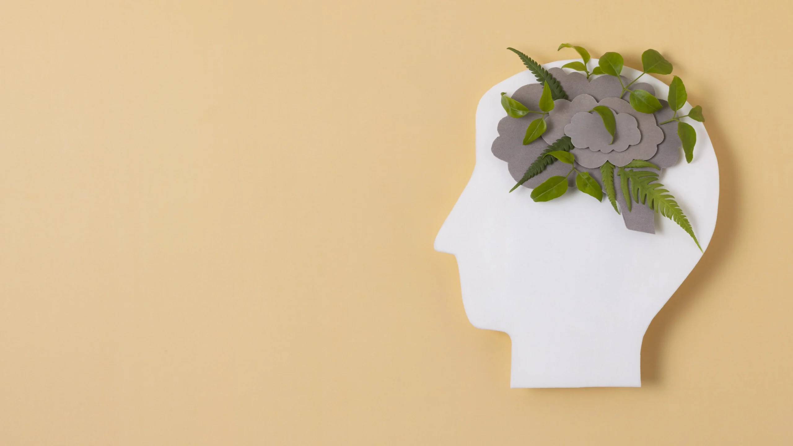 A white paper sanitary pad, symbolizing physical well-being, rests beside a layered gray paper flower and fresh green leaves on a warm beige background—a serene, mindful arrangement inviting reflection on what is mental health through simplicity, nature, and intentional care.