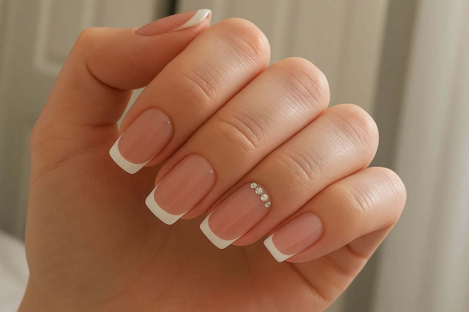 Elegant French manicure with a soft nude base, crisp white tips, and delicate diamond accents on the ring finger.