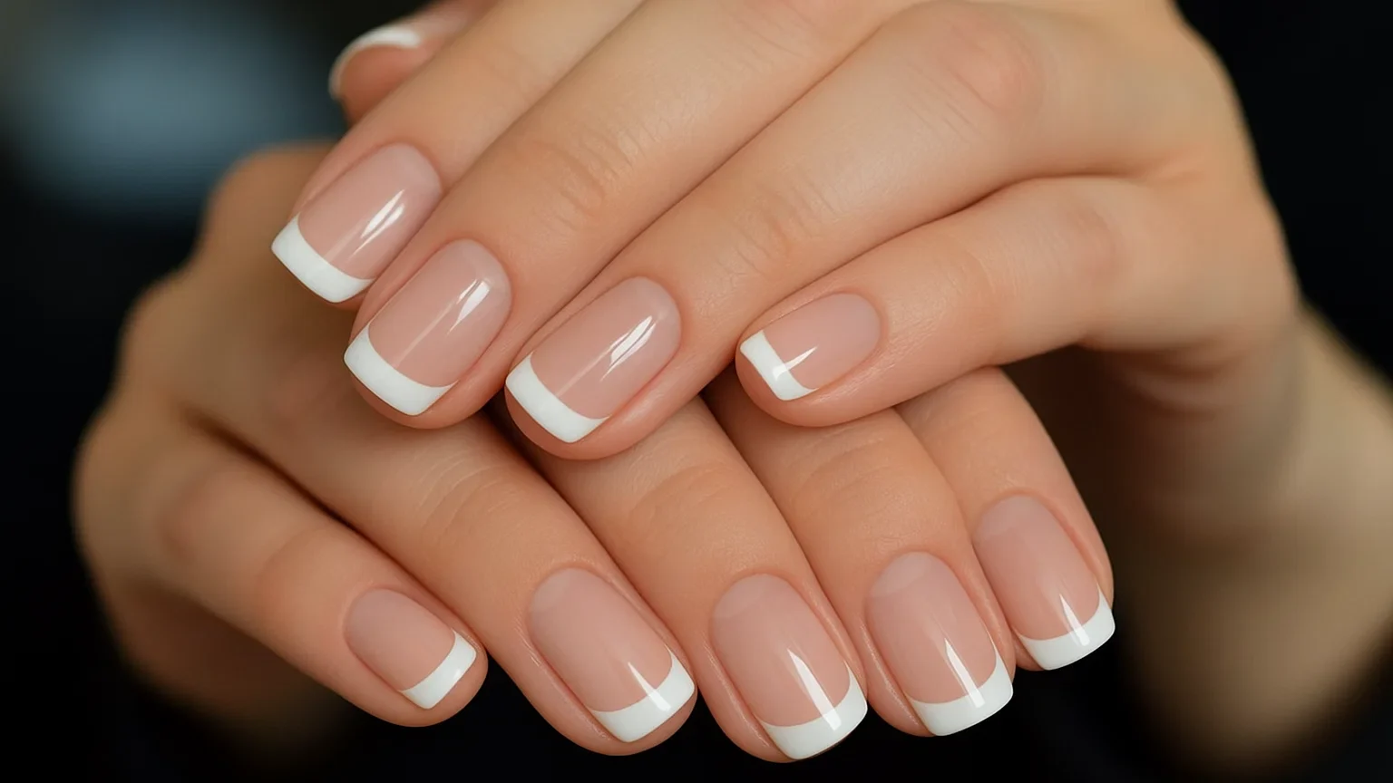A classic French manicure with a soft nude base and crisp white tips, showcasing elegant simplicity and timeless beauty.

